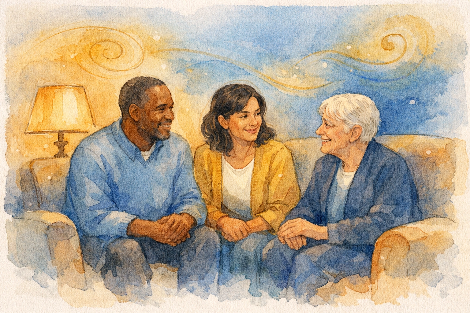 Ang mga tao mula sa iba't ibang relihiyon ay nagtipon sa isang tahimik at komportableng sala upang gugulin ang gabi nang sama-sama at mapayapa.