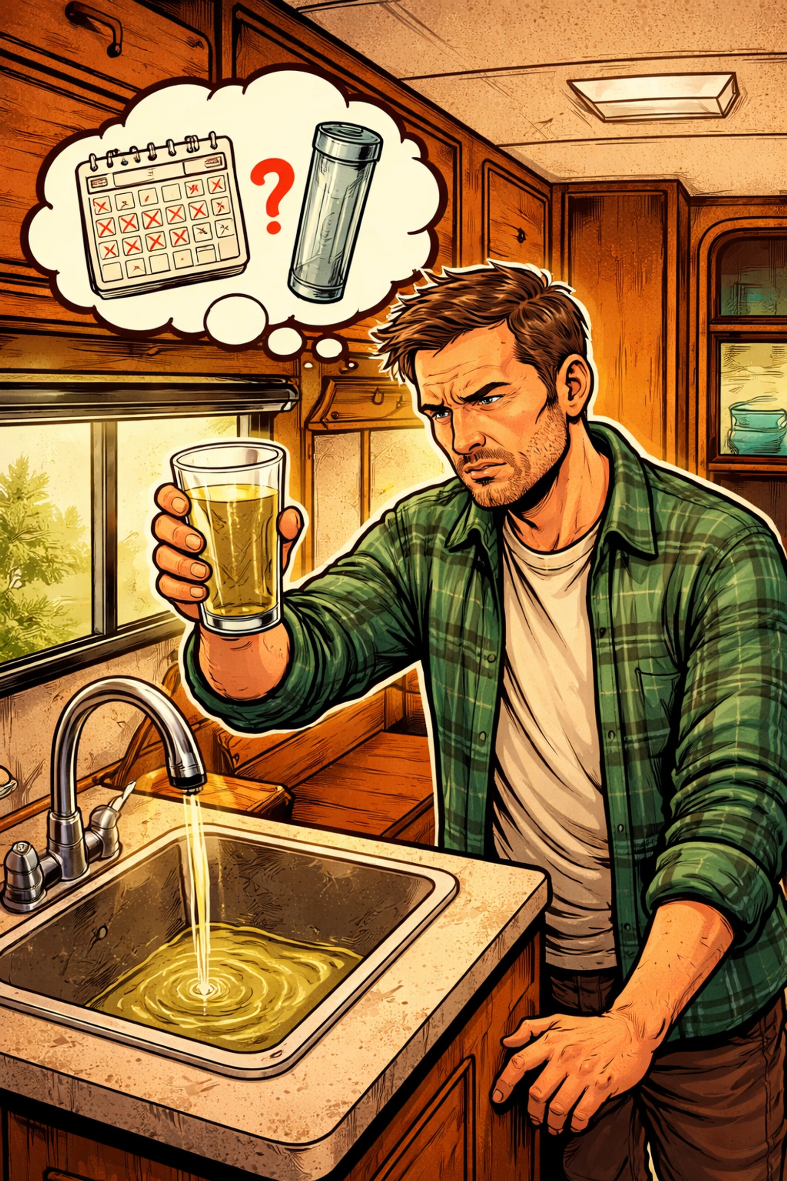 Frustrated RV traveler staring at cloudy water inside camper, shows need for timely RV water filter cartridge changes.