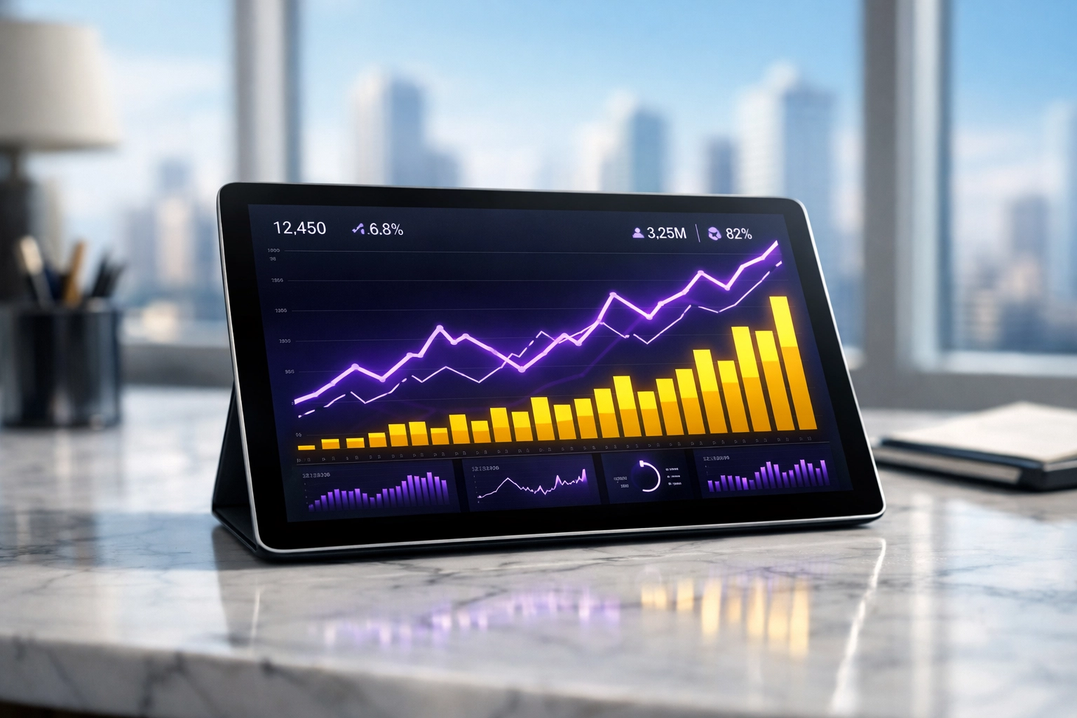 Digital growth dashboard on a tablet showing positive analytics and conversion optimization data.
