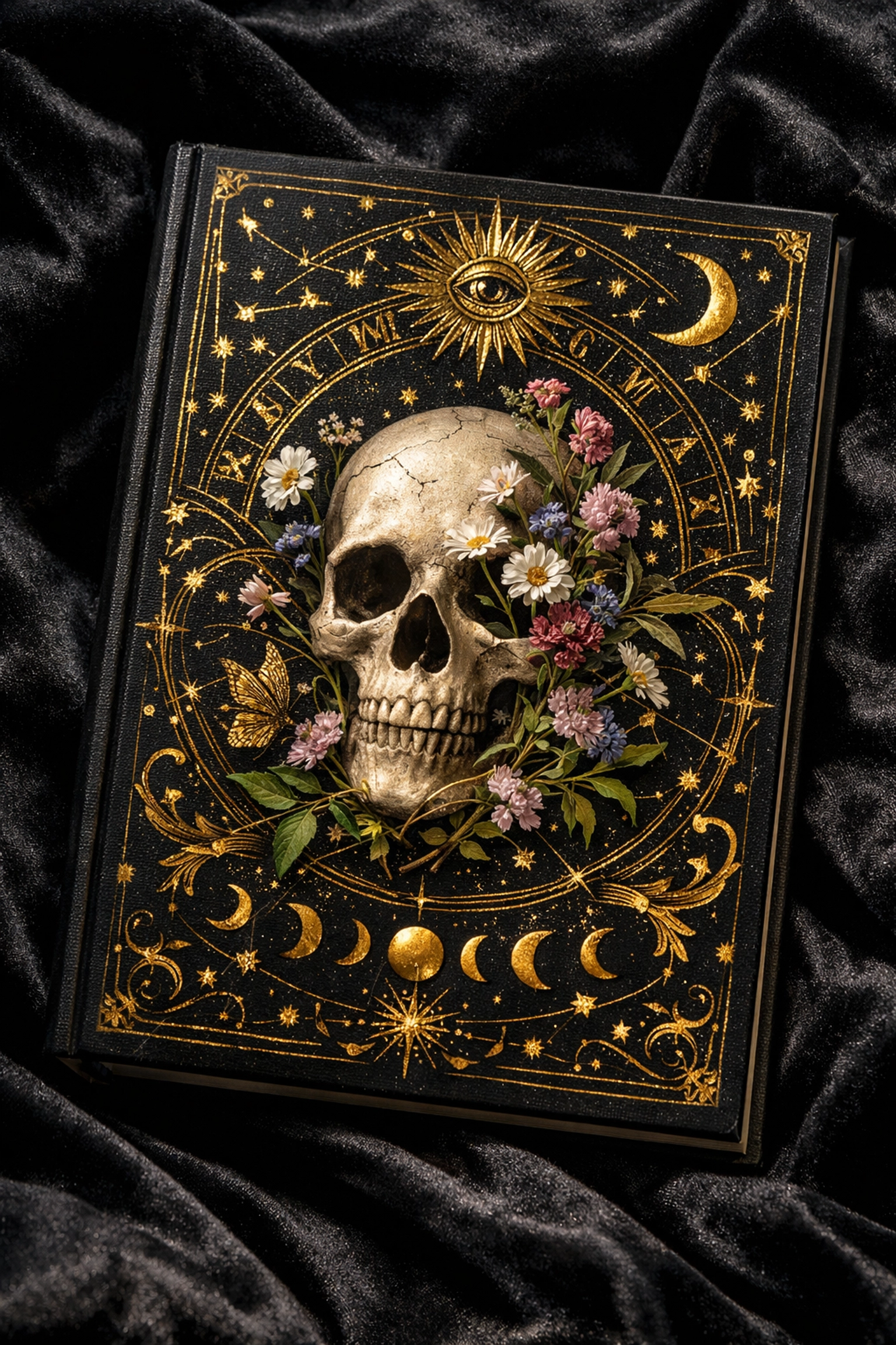 Artistic gay psychological thriller book cover with symbolic wildflowers and gold-foil celestial constellation designs.