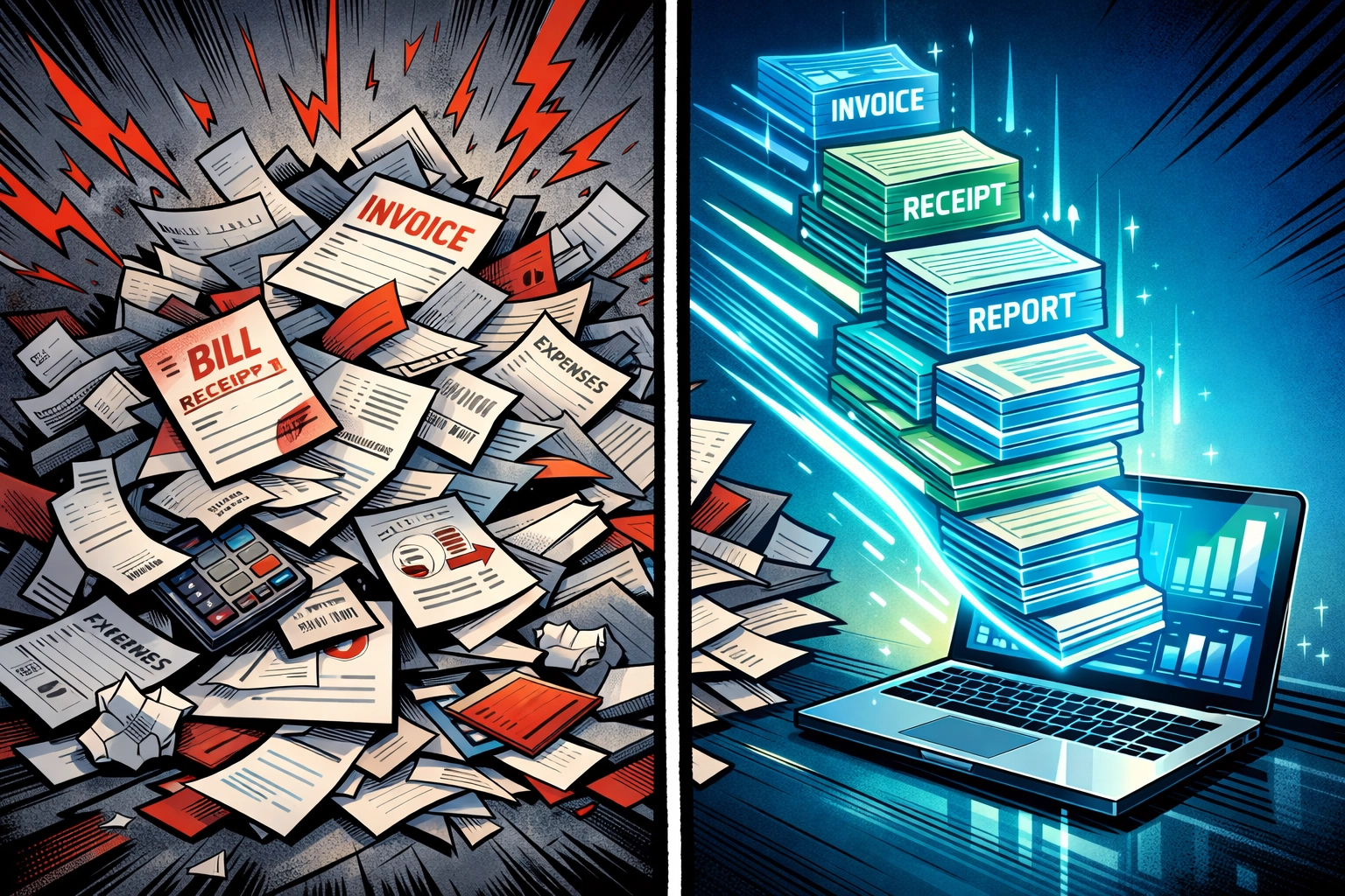 Before and after comparison of manual invoice chaos versus automated digital payment processing