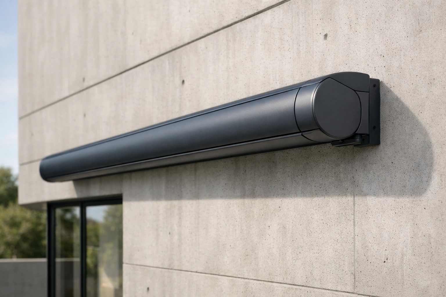 Elegante anthrazitfarbene Kassettenmarkise an einer modernen Hausfassade in Wien.