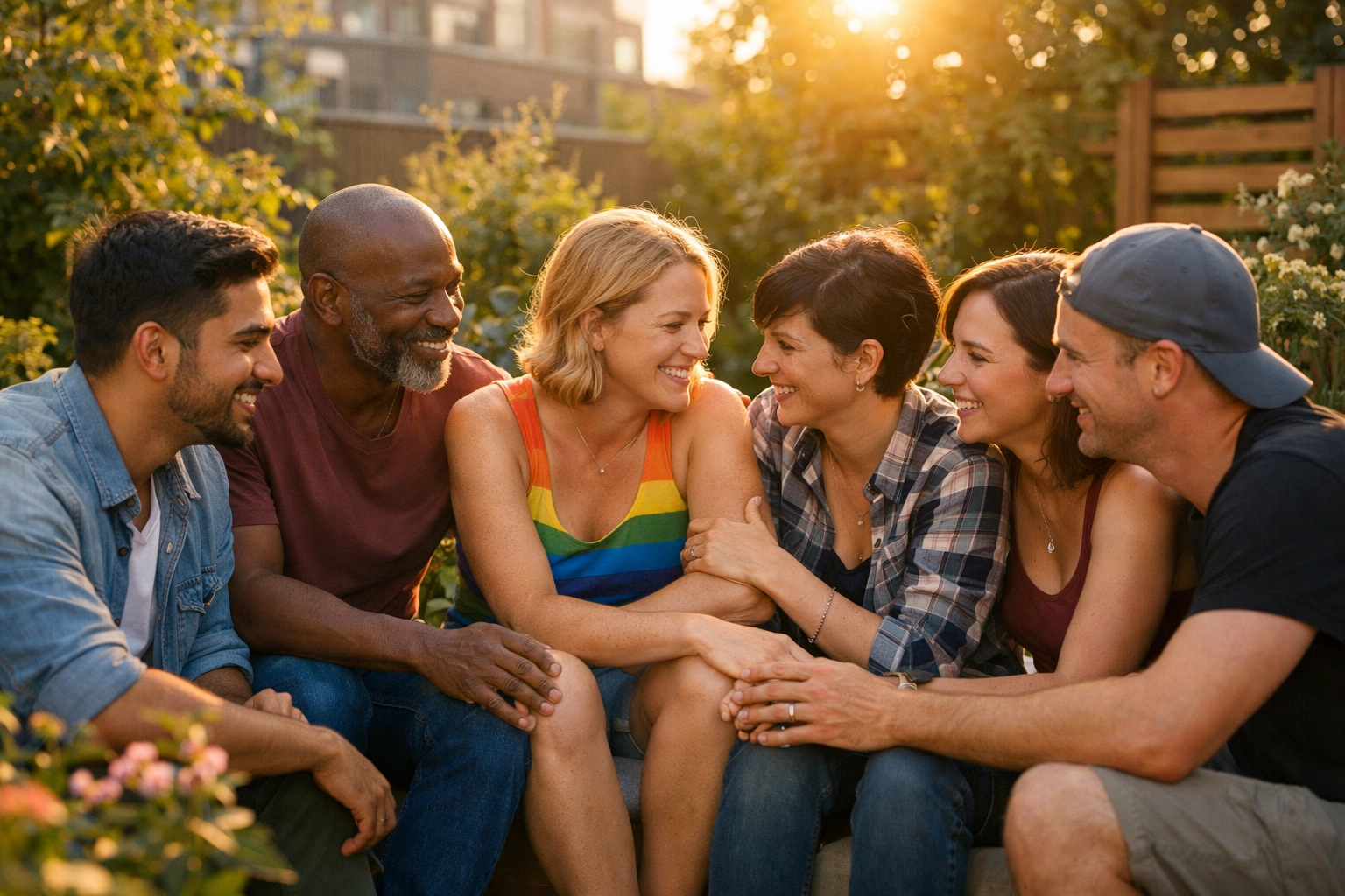 A diverse LGBTQ+ community gathering in a sunny garden, symbolizing collective resilience and proactive queer healing.