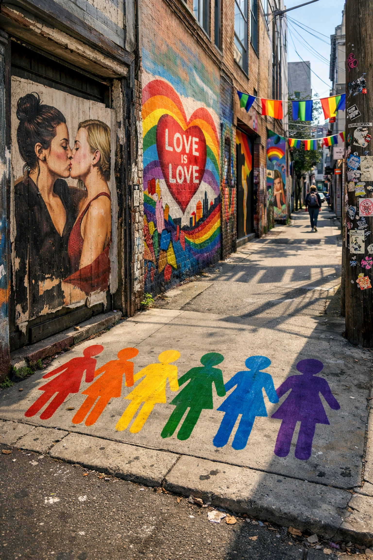 LGBTQ+ street art scene with lesbian portrait and rainbow murals in urban alley