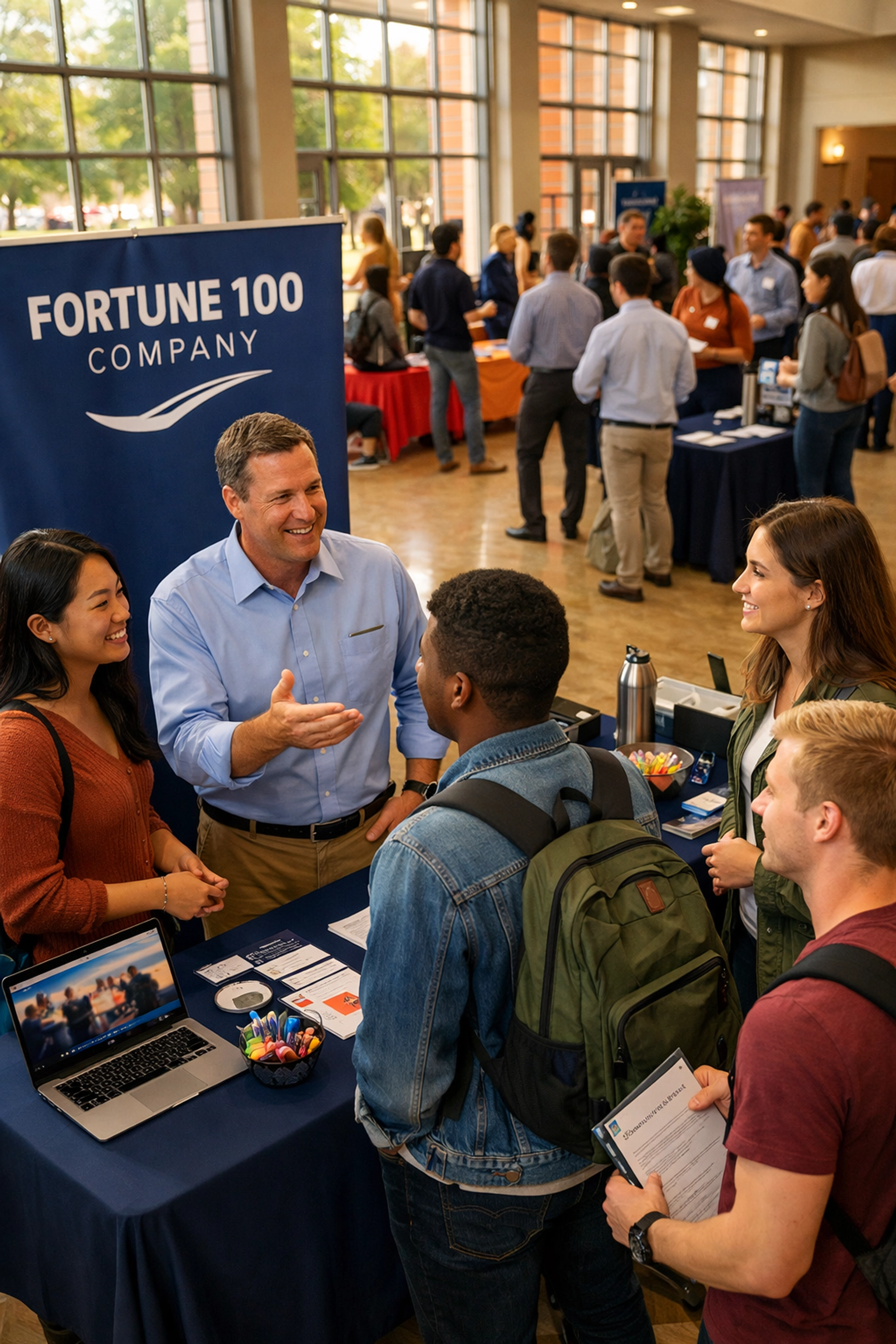 Fortune 100 recruiter engaging with college students at campus career fair for talent acquisition