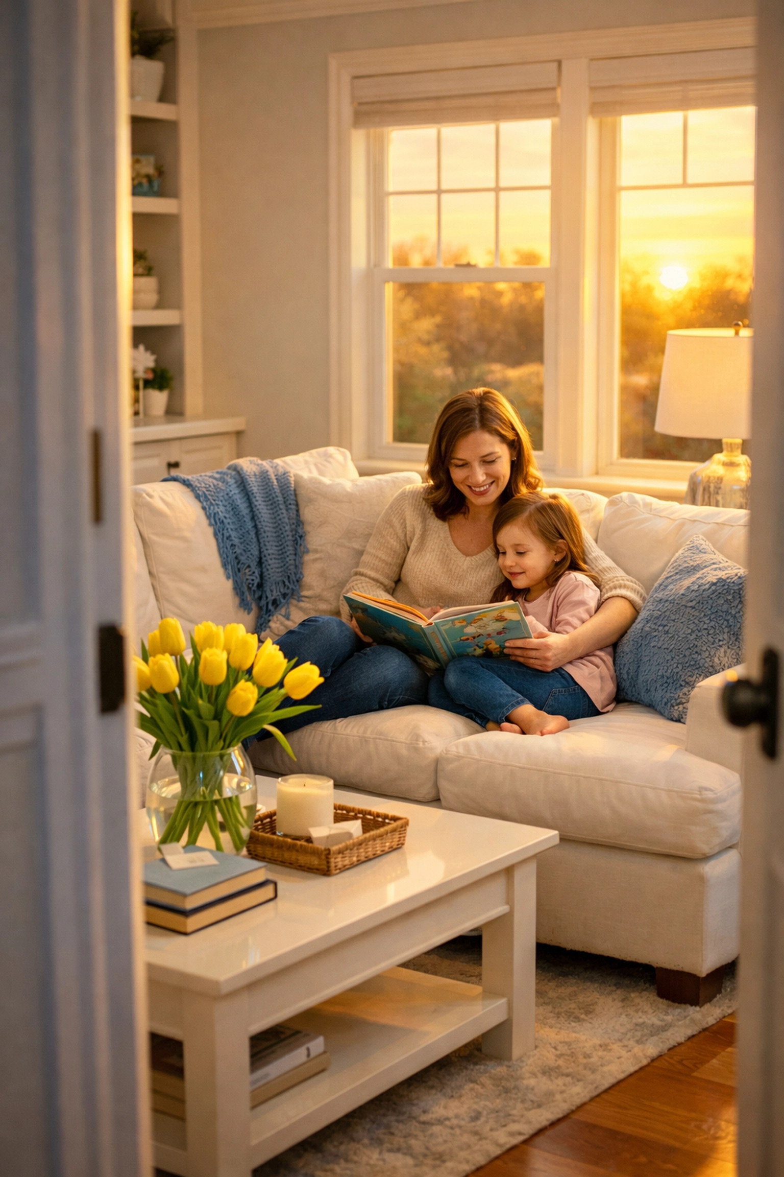 Family relaxing in a spotless living room after a visit from a Reliable House Cleaning service in Needham.