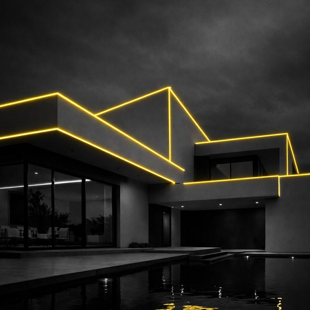 Modern house with digital yellow highlights, showcasing high-end property marketing and real estate agent services.