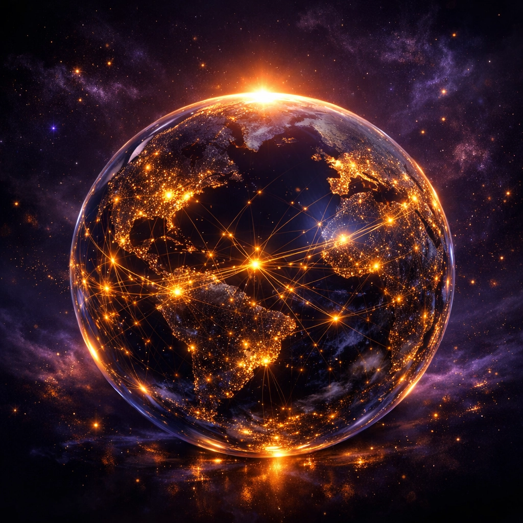 A glowing network globe representing global connectivity and managed cloud technology solutions.