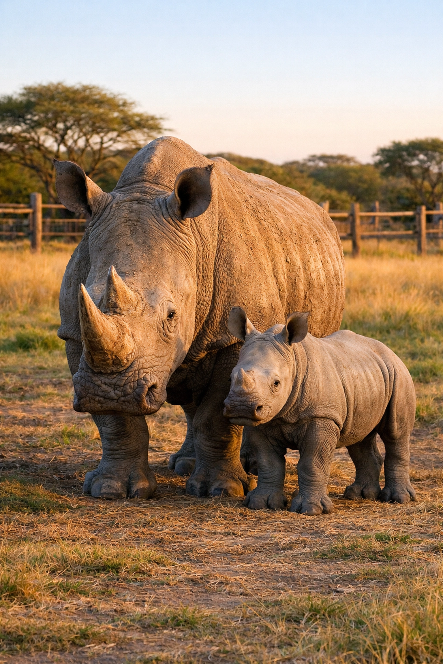 Southern White Rhino mother and calf, showcasing conservation success and ESG-aligned breeding programs in zoos.