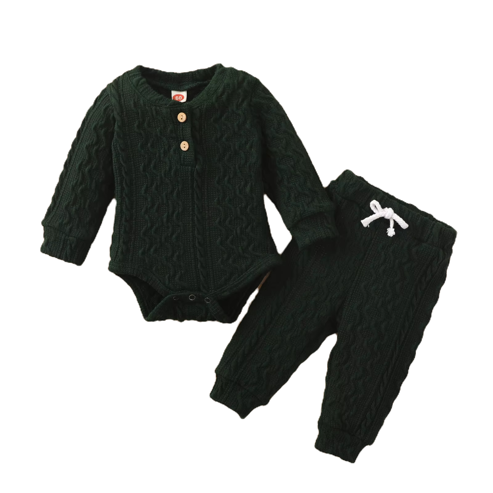 Dark green knit baby outfit with a buttoned romper and pants featuring a white drawstring. Background is plain white.