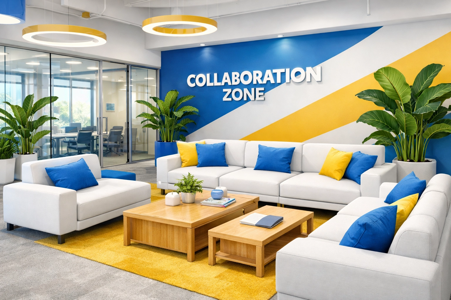 Bright and organized office collaboration zone with clean furniture promoting a healthy and productive workspace.