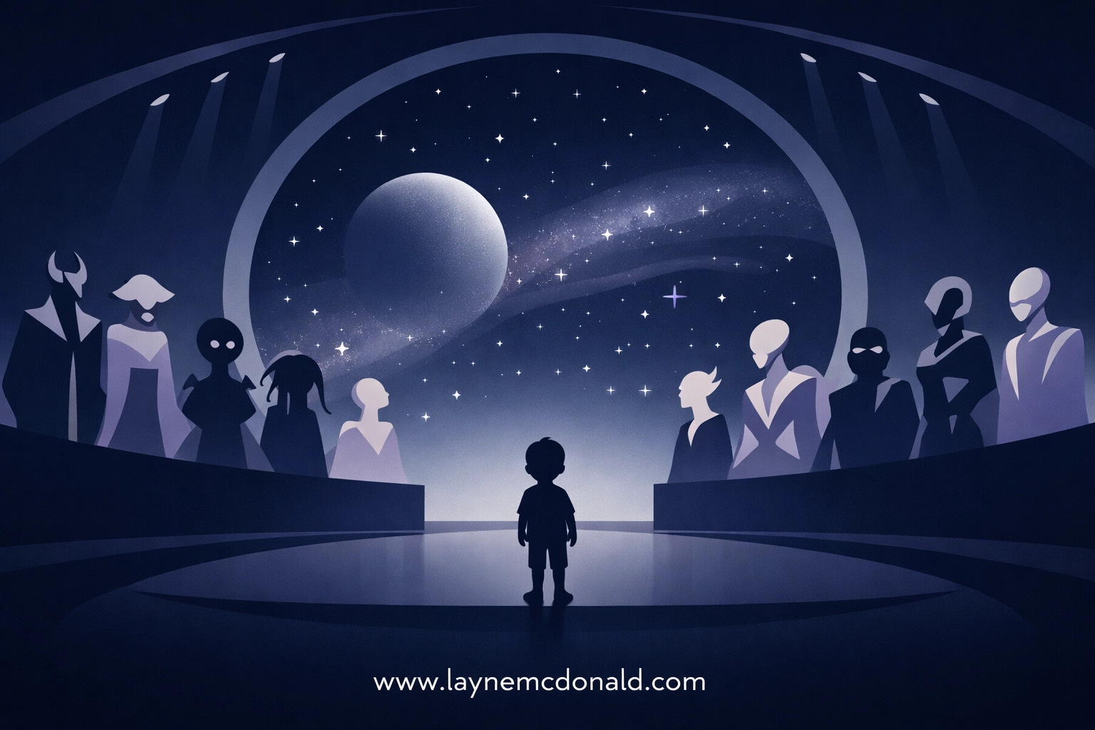 Silhouette of Elio standing before a cosmic council as a chosen ambassador for Earth.