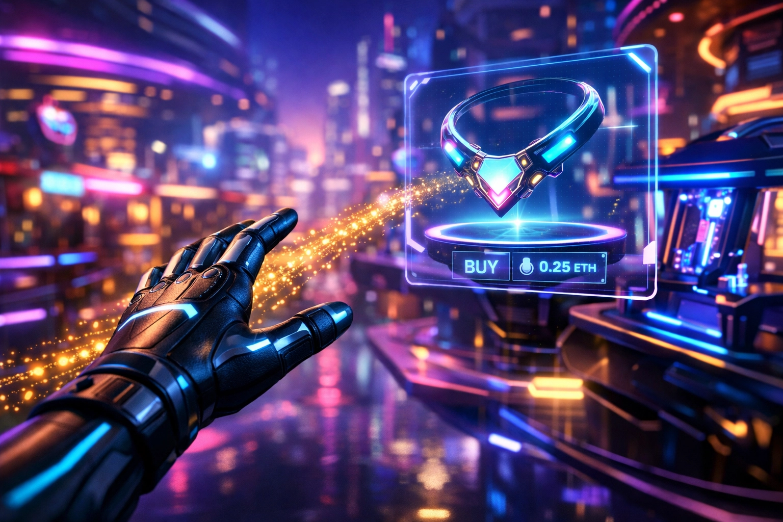 Immersive metaverse shopping with frictionless Larecoin crypto payments for digital assets.