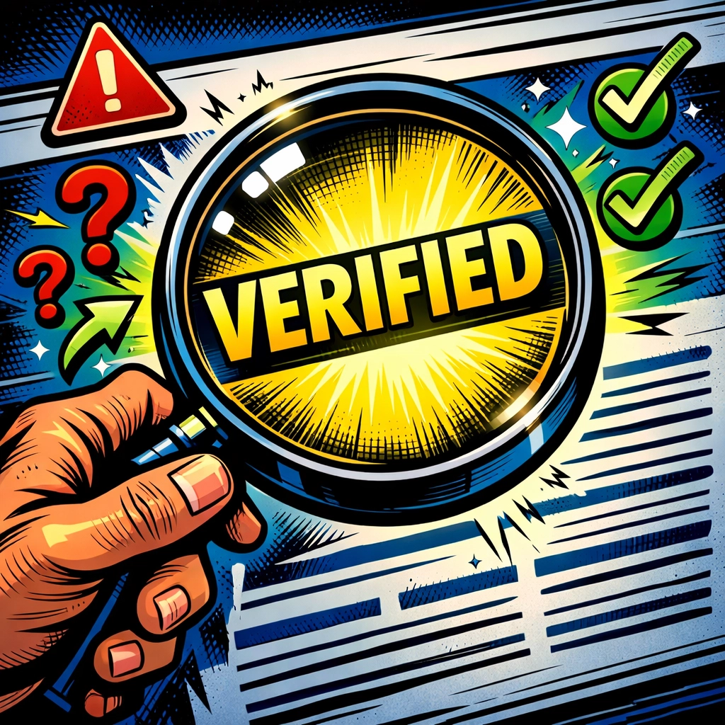 Magnifying glass verifying AI-generated content with fact-checking checkmarks