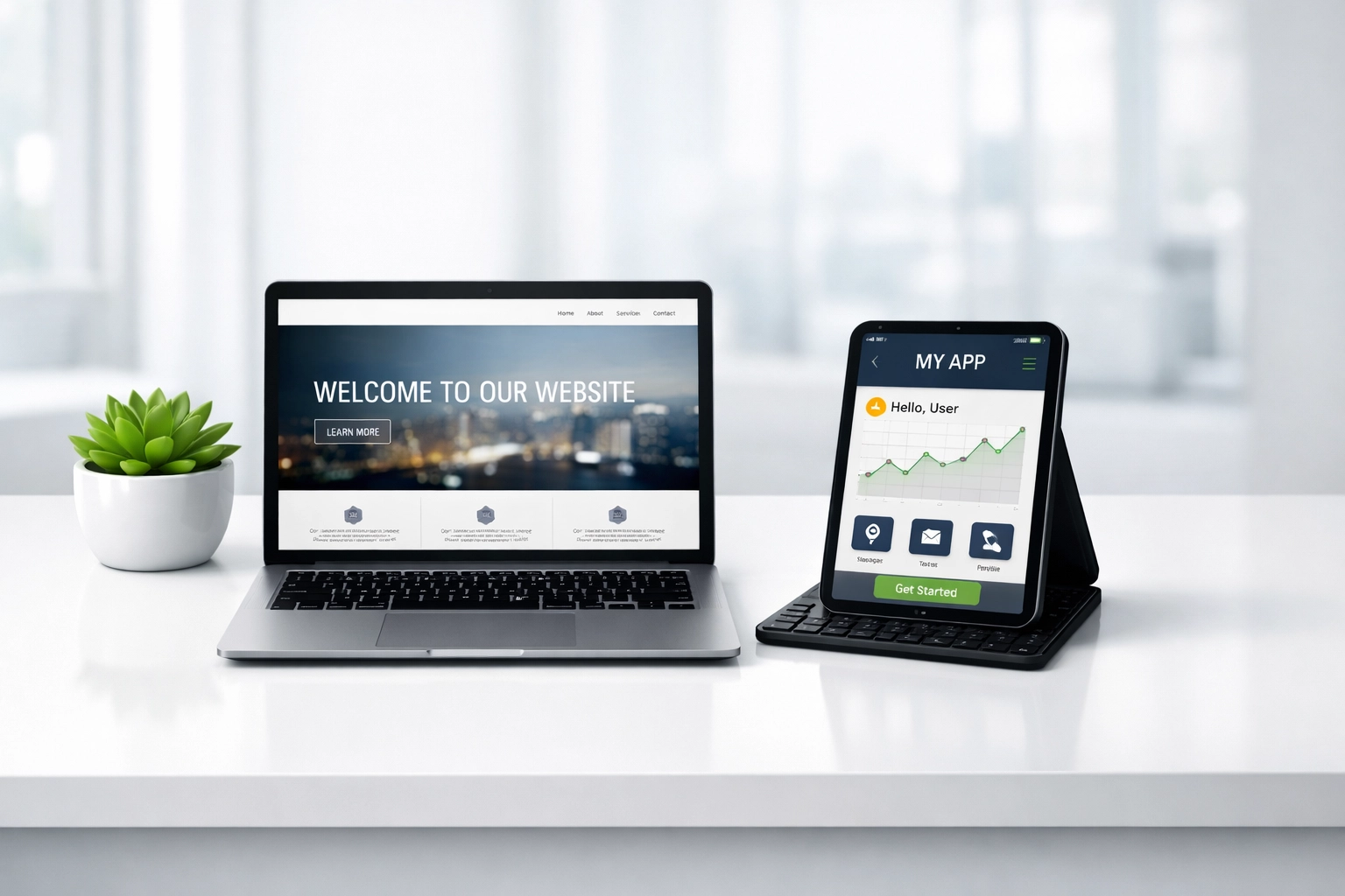 Modern office desk with a laptop and tablet displaying a professional custom website and mobile app integration.