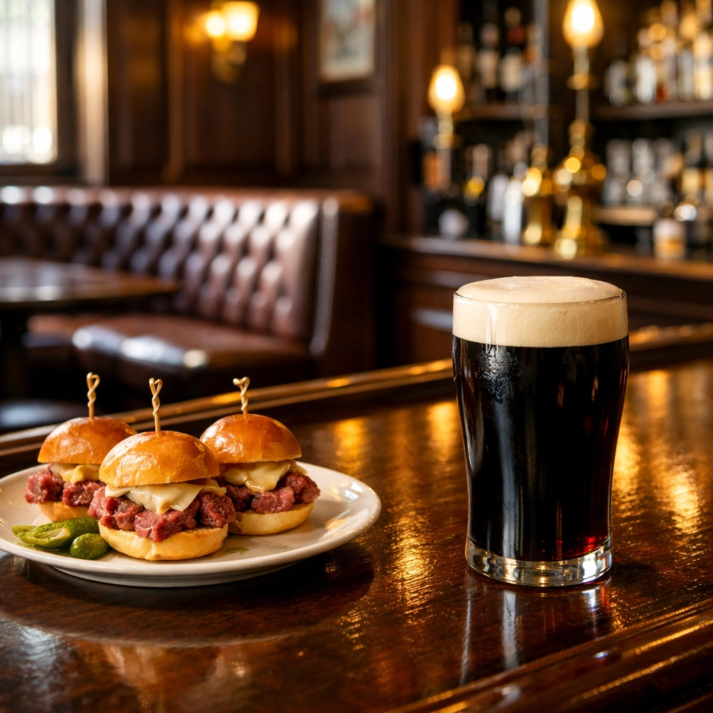 Traditional corned beef sliders and a pint of stout in an upscale Denver Irish pub.