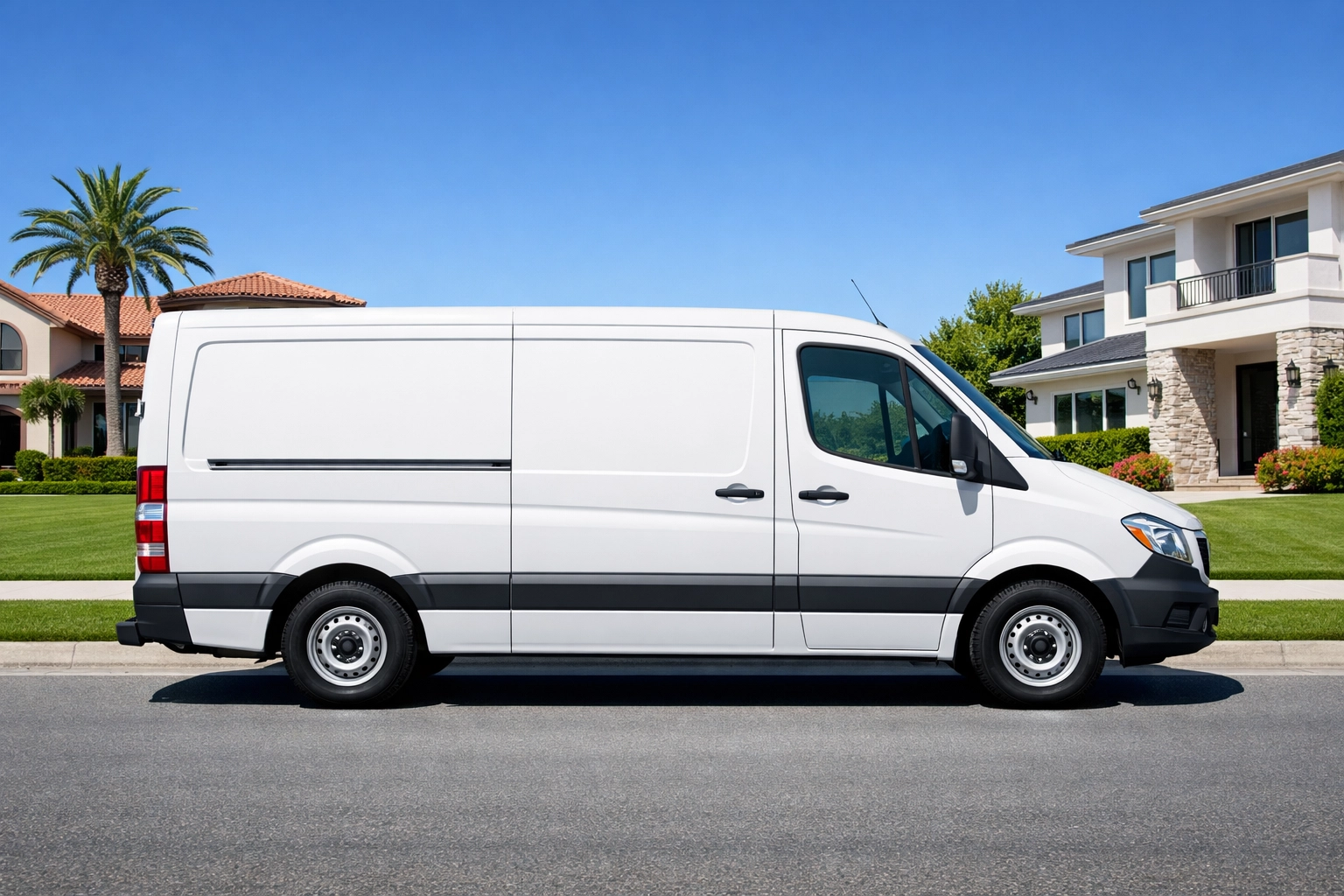 Organized pool service van in a luxury neighborhood showcasing route density and professional systems.