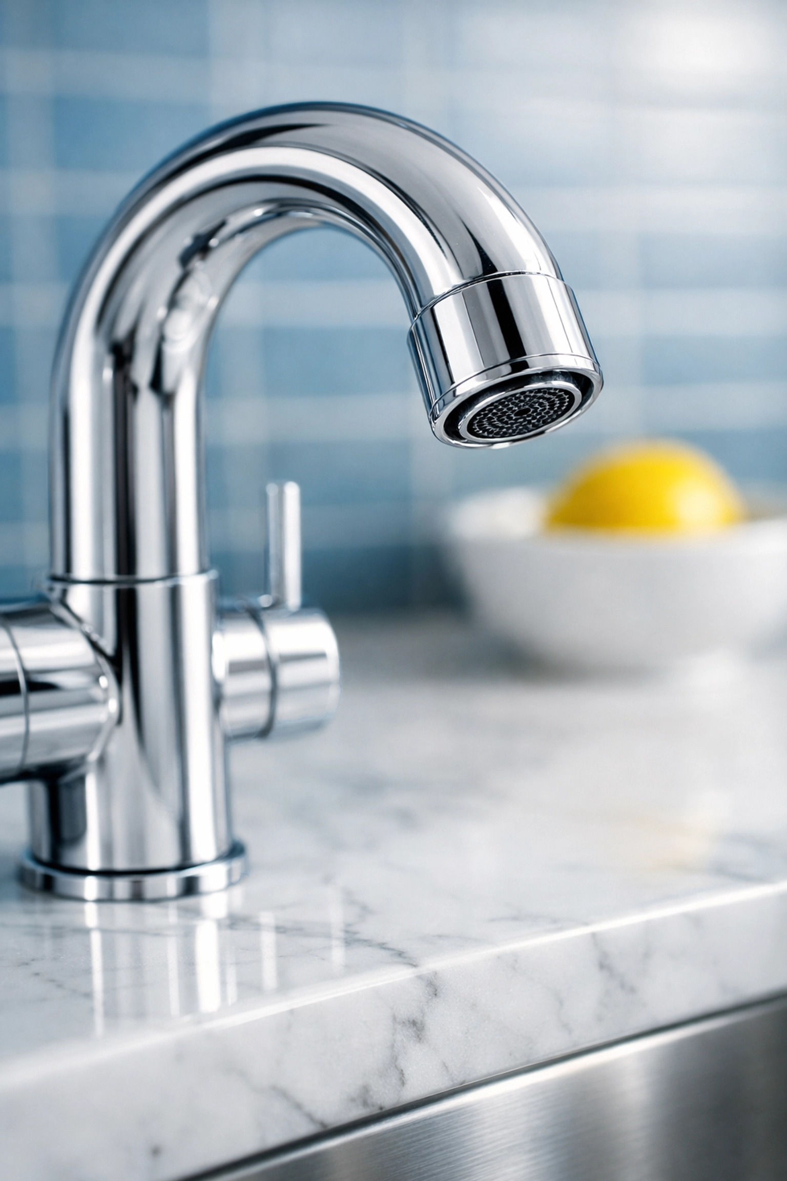 Gleaming kitchen faucet and marble counter showing deep house cleaning in Townsend MA results.