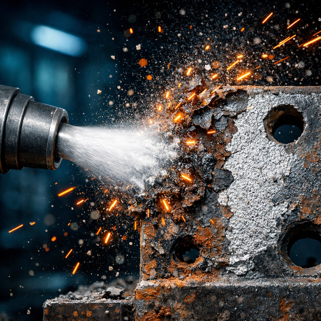 Industrial sandblasting removing rust from a metal part to prep for durable powder coating.
