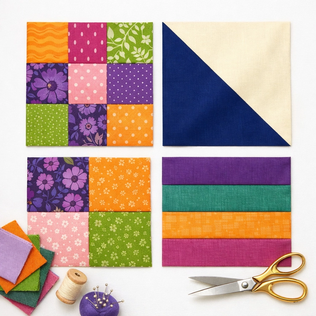 Four large beginner quilt block patterns showing simple squares, triangles, and rail fence designs