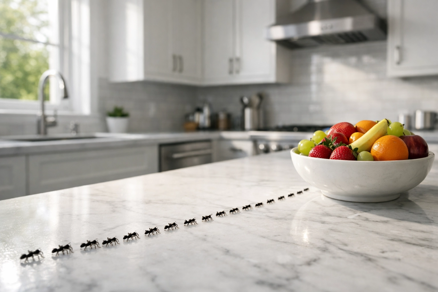 A line of ants on a kitchen counter, showing the importance of professional pest control in White Plains NY.