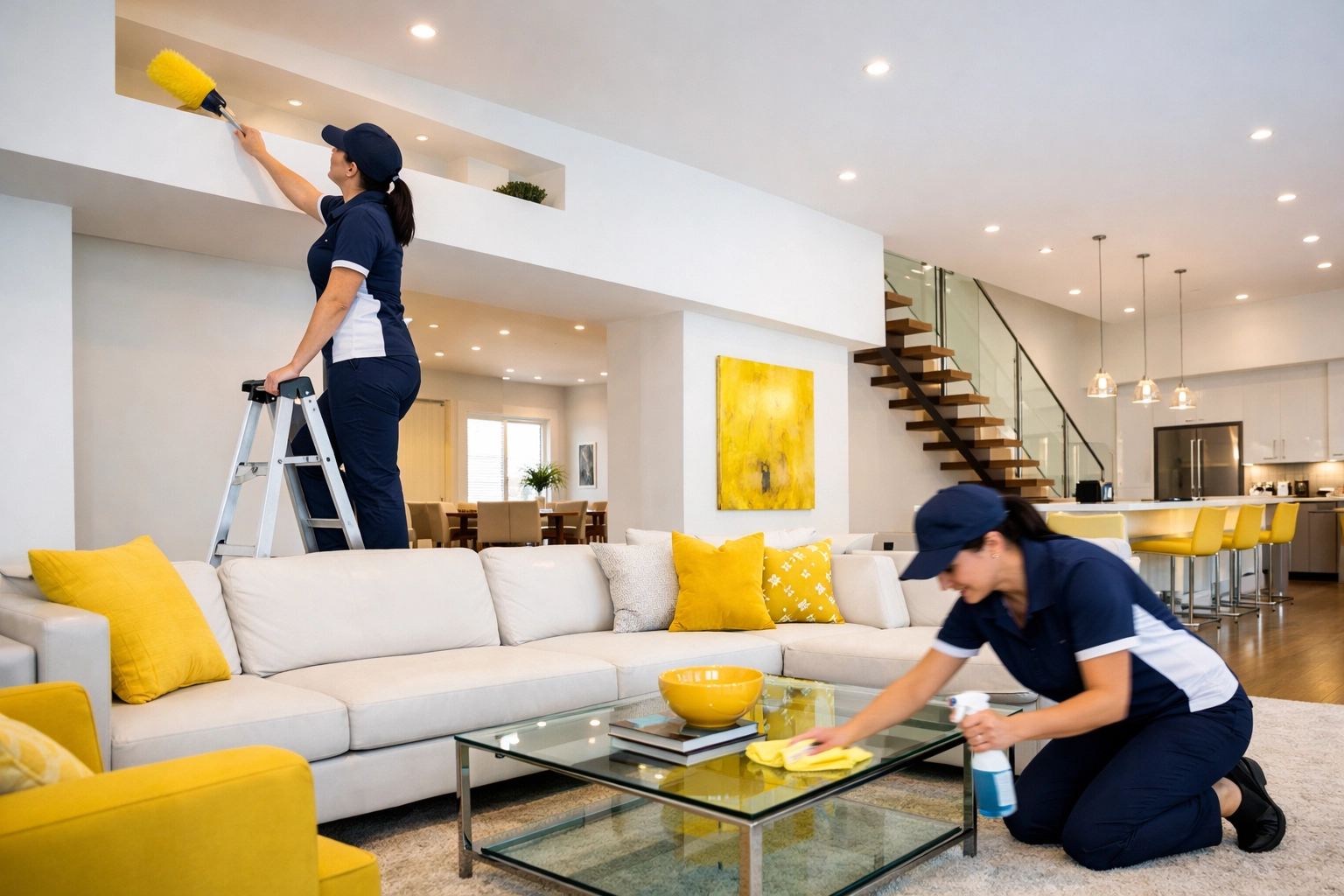 Efficient cleaning crew in navy uniforms providing detailed luxury house cleaning in Sudbury for a modern estate.