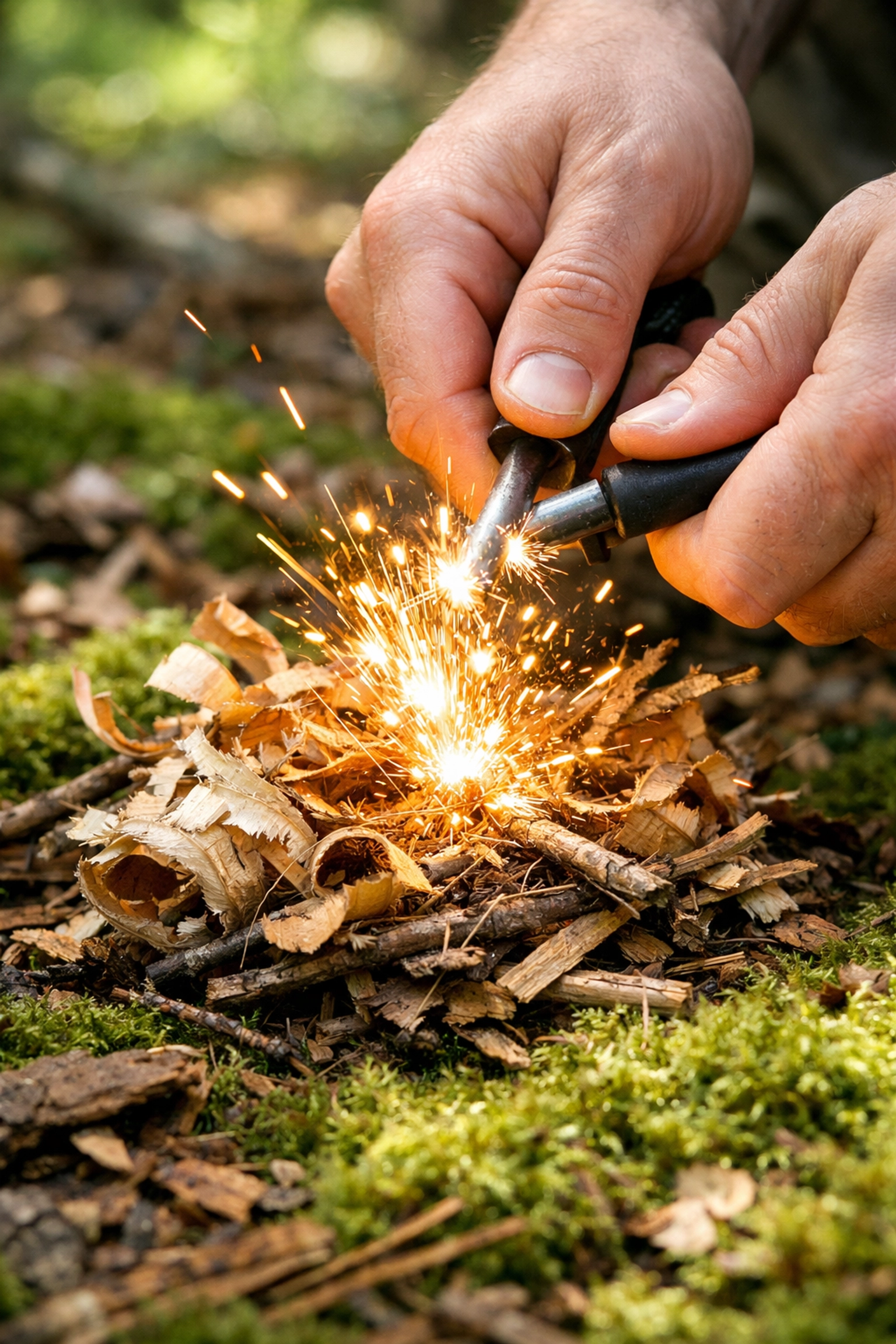Hands striking a ferrocerium rod to start a campfire on a mossy forest floor during a camping adventure UK.