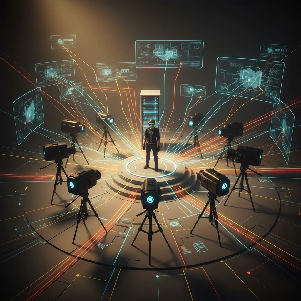 A person stands at the center of a high-tech setup, surrounded by futuristic cameras and holographic interfaces, illustrating an advanced virtual reality environment with interconnected digital processes.



