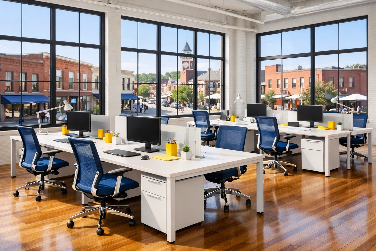 A sun-drenched modern office in Hudson featuring sanitized open-concept workstations and spotless hardwood floors.