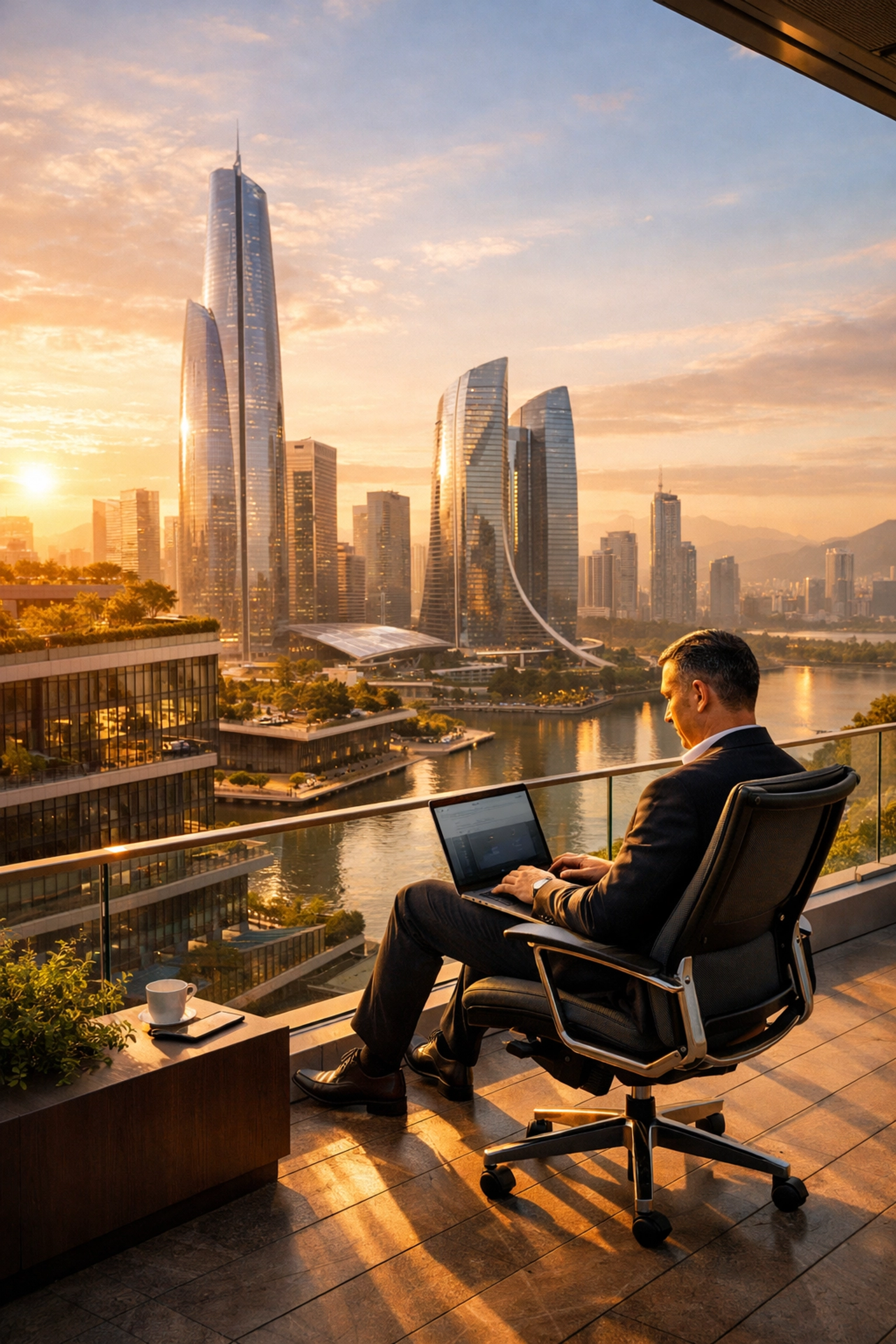 IT professional achieving operational excellence with ServiceNow platform insights overlooking a modern city.