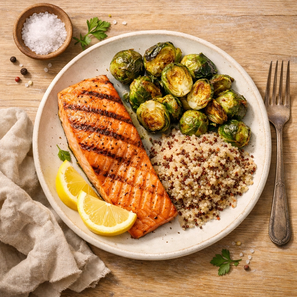 Balanced insulin resistance diet meal with grilled salmon, Brussels sprouts and quinoa