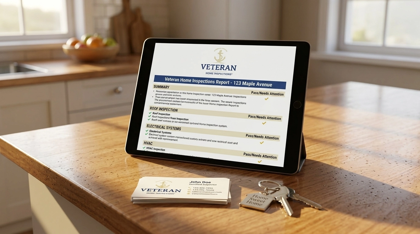 Home inspection report on tablet with keys