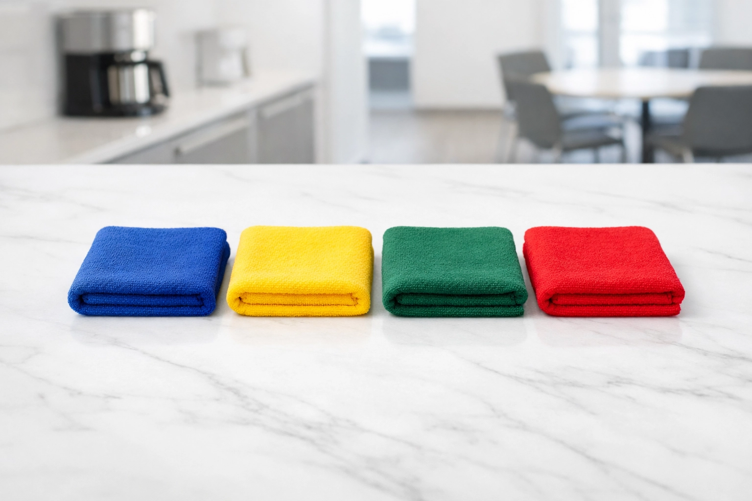 Color-coded microfiber cloths on a marble counter for professional Midwest office cleaning protocols.