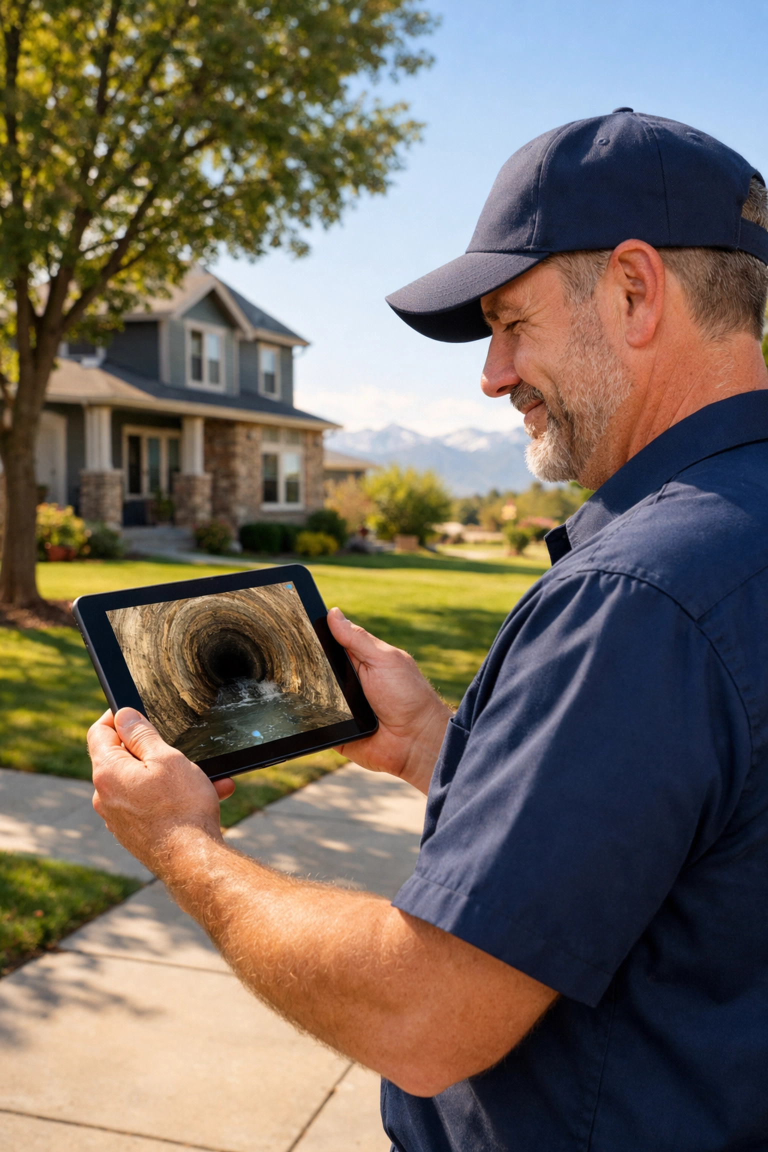 A professional technician reviewing sewer camera footage on a tablet in a Thornton neighborhood.