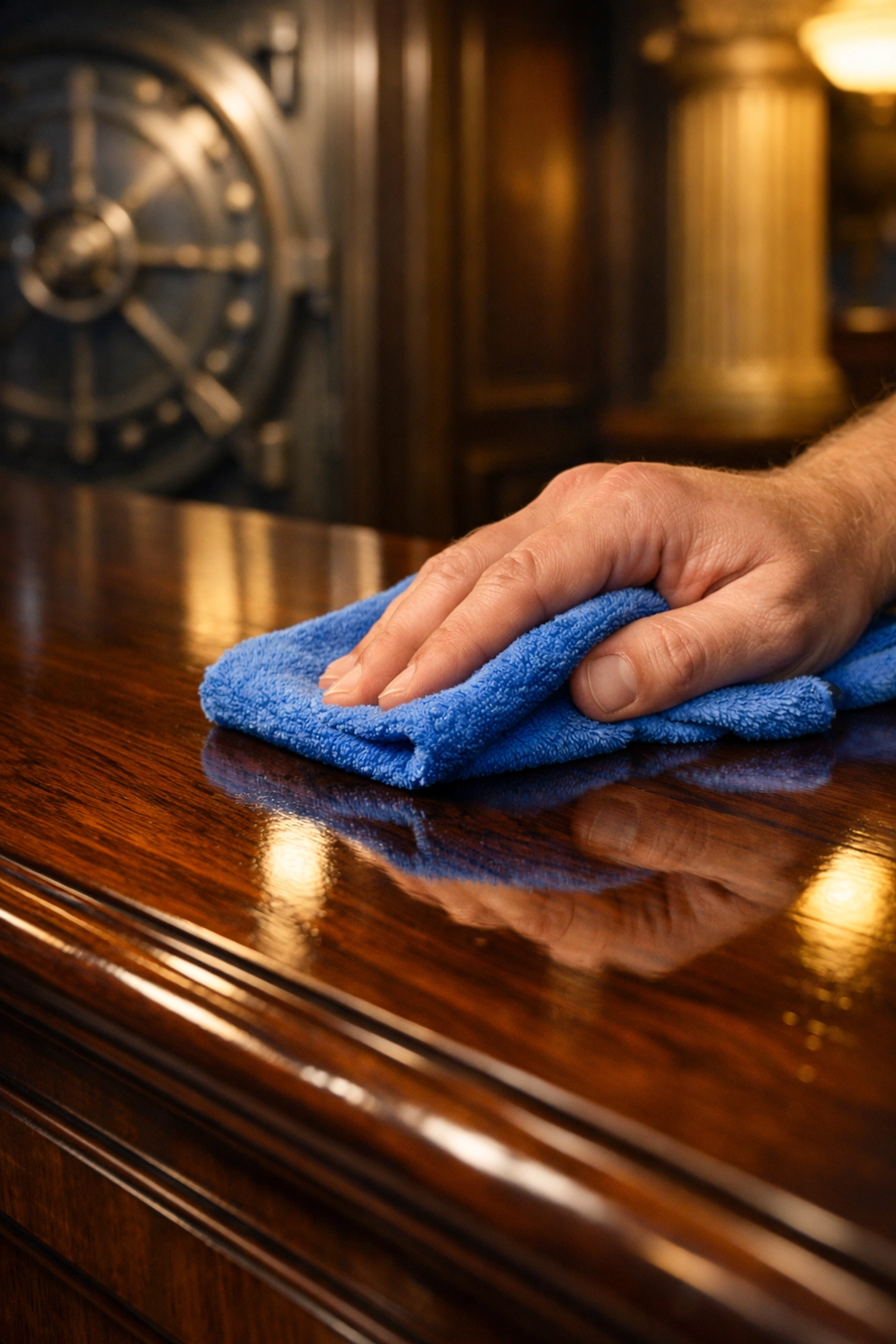 Meticulous polishing of a high-end mahogany counter in a historic Springfield financial institution.