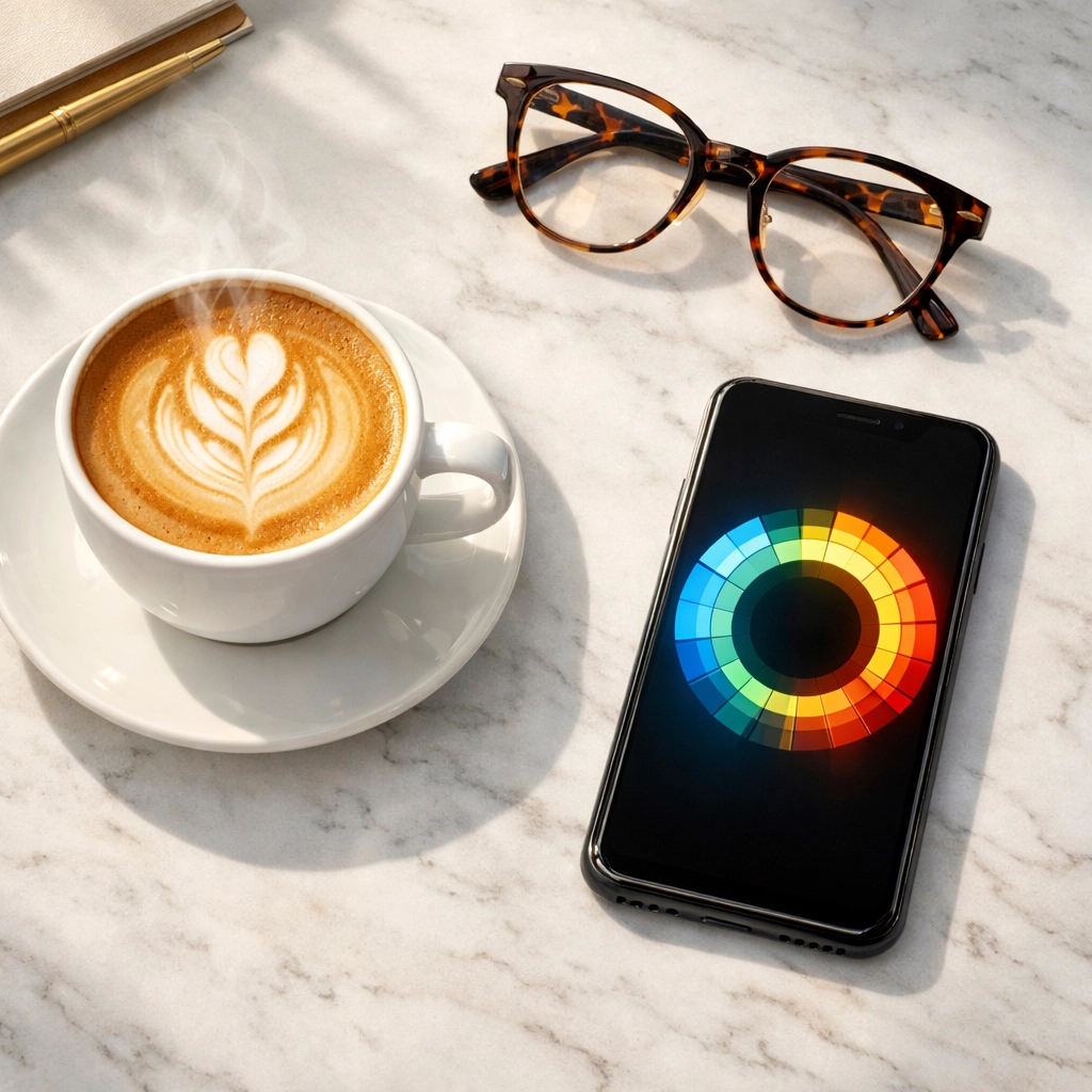 A smartphone on a marble desk displaying a credit score chart, representing regular credit monitoring.