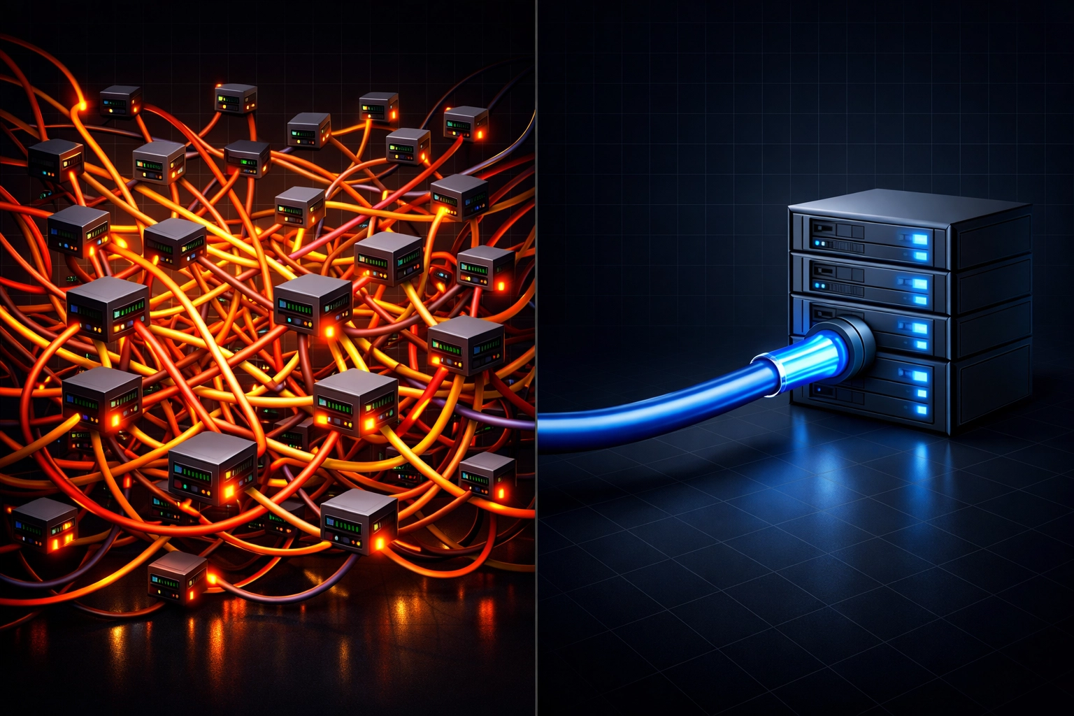 Visual comparison of chaotic vendor sprawl versus streamlined consolidated IT infrastructure