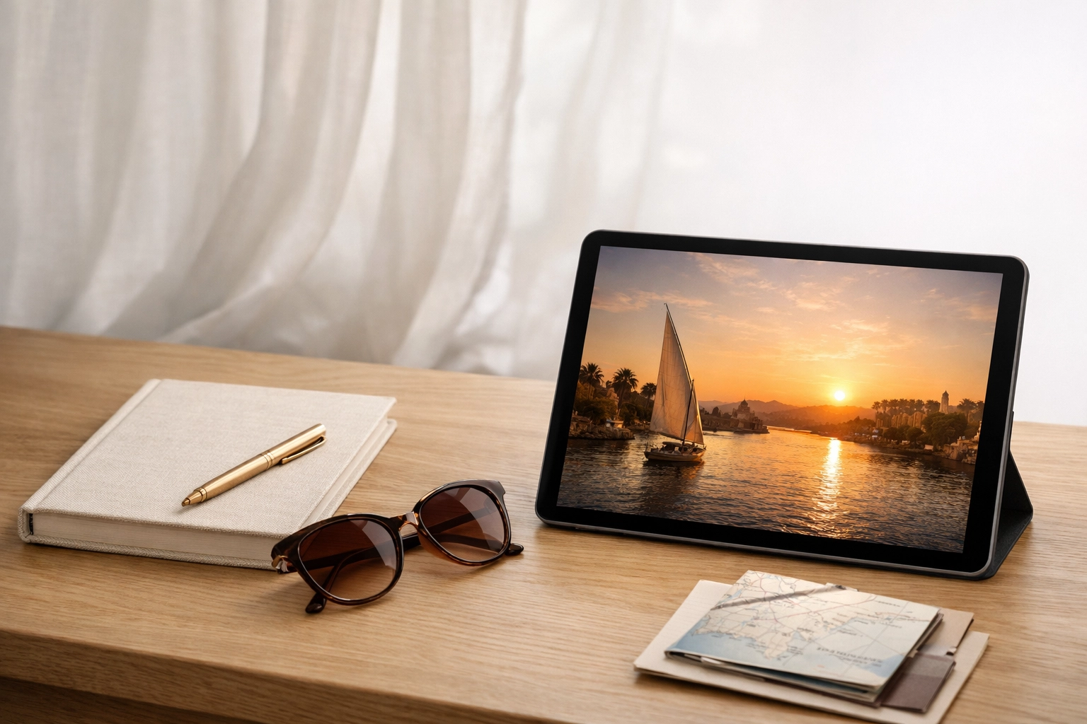 Minimalist travel planning scene for a bespoke Egypt 2027 eclipse vacation.