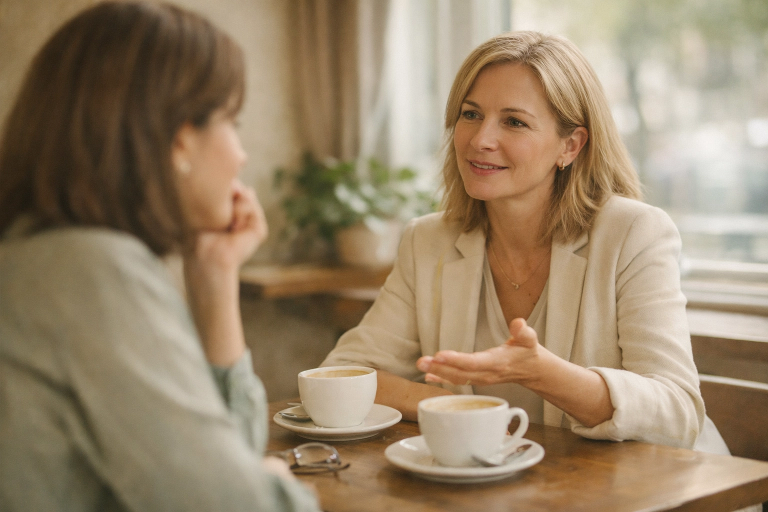 Two women having respectful conversation about boundaries over coffee
