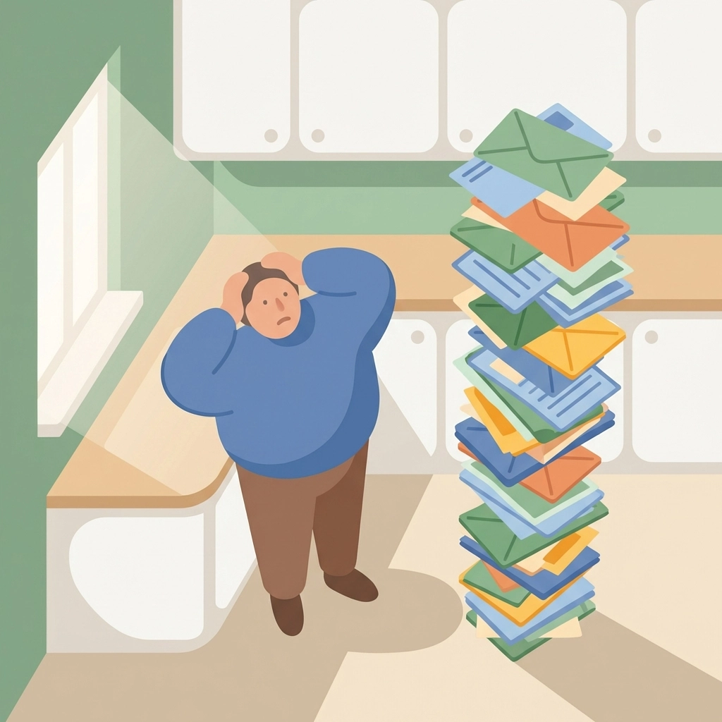 A stressed person in a modern kitchen overwhelmed by piles of mail, highlighting traditional mail clutter headaches.