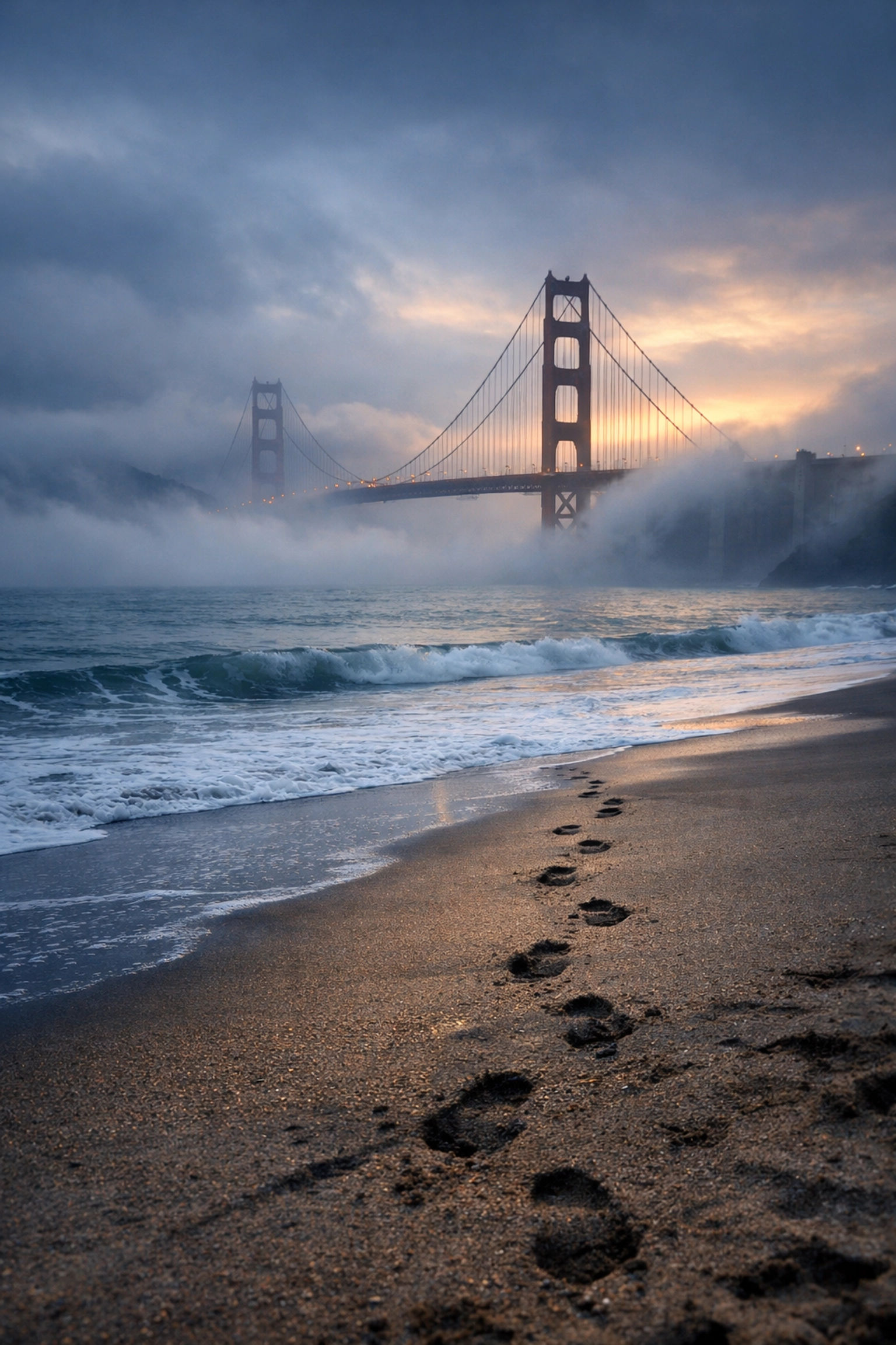 Golden Gate Bridge emerging through morning fog at Baker Beach San Francisco