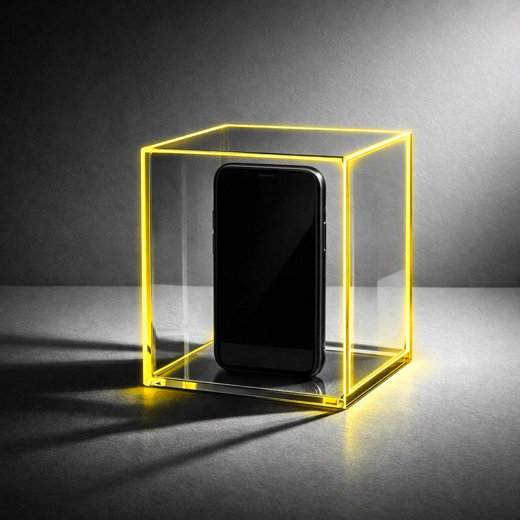 Smartphone contained in glass box representing healthy digital boundaries for business owners