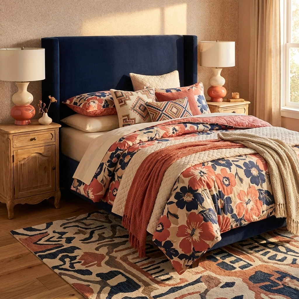 Maximalist designer furniture bedroom with navy headboard, mixed-pattern bedding, and layered textiles — bold modern decor with a luxury statement piece bed