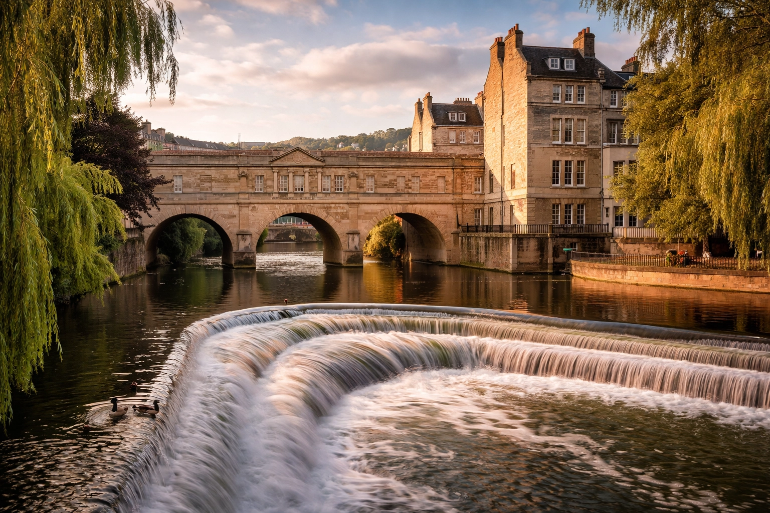 Pulteney Bridge over the River Avon with cascading water and Georgian architecture in historic Bath.
