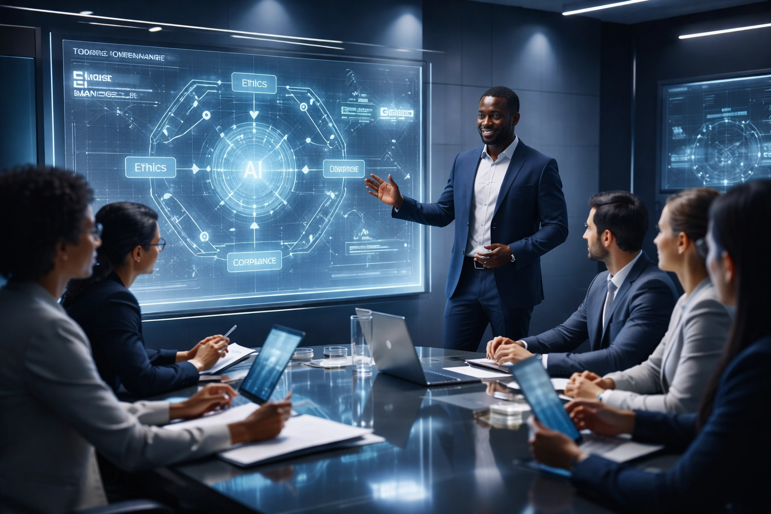 Black male CEO trains a diverse executive team on responsible AI governance and automation best practices.
