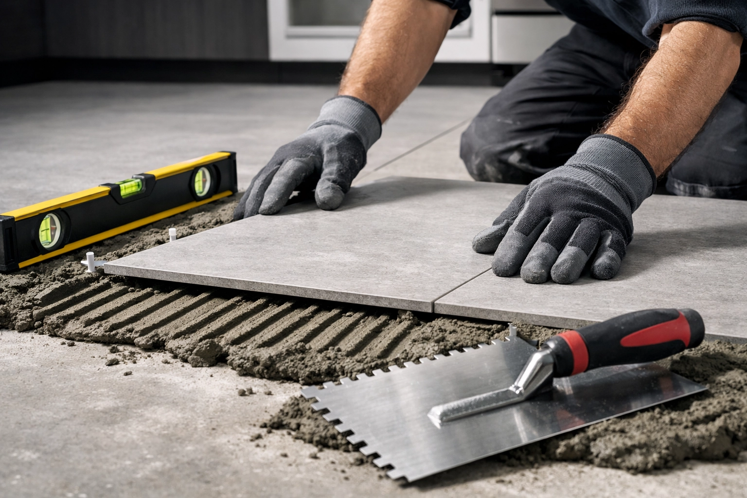 Precise tile installation orlando by A&G General Services USA using large-format porcelain in a modern kitchen.