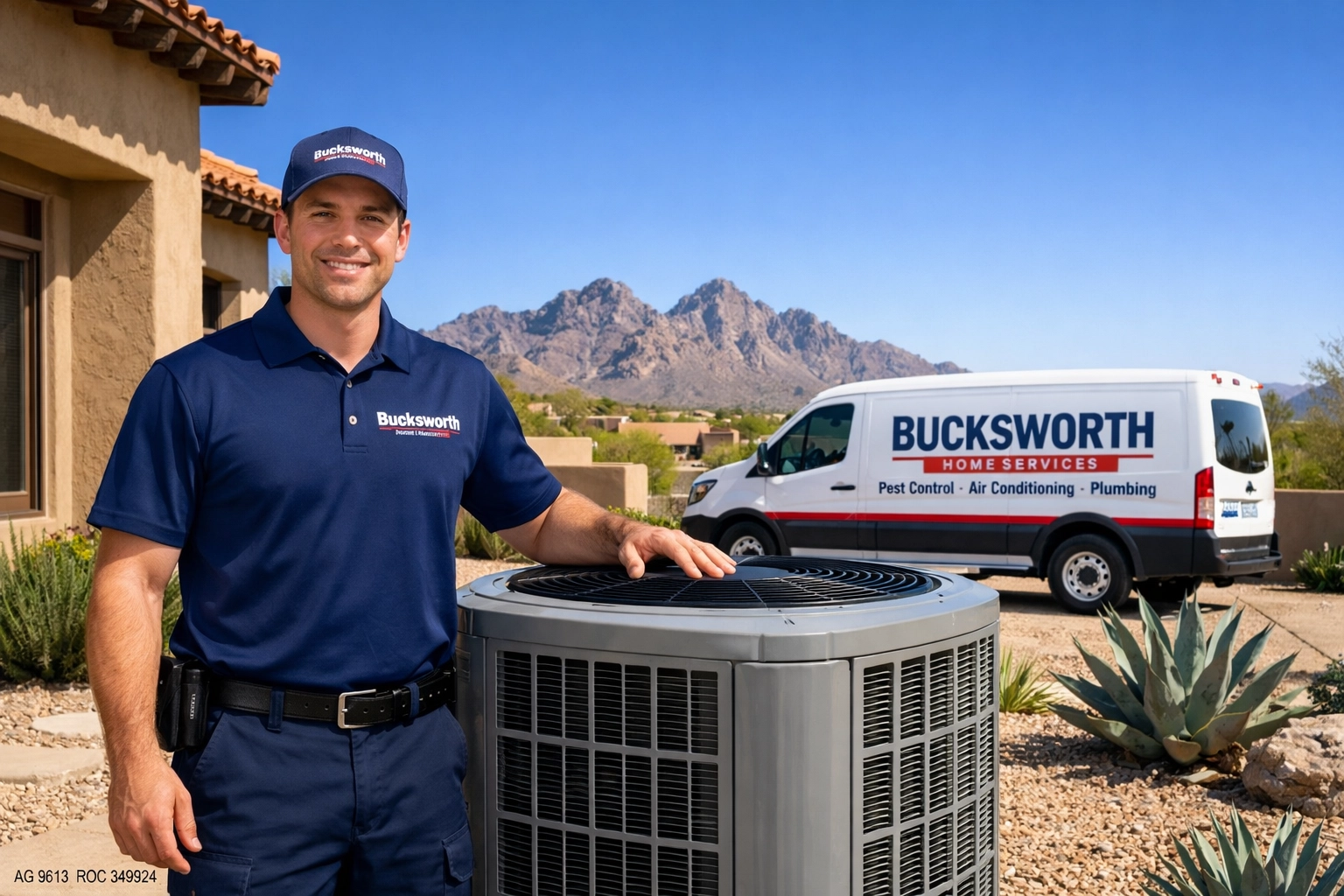 Bucksworth technician providing high-efficiency Fountain Hills HVAC services in a local desert backyard.