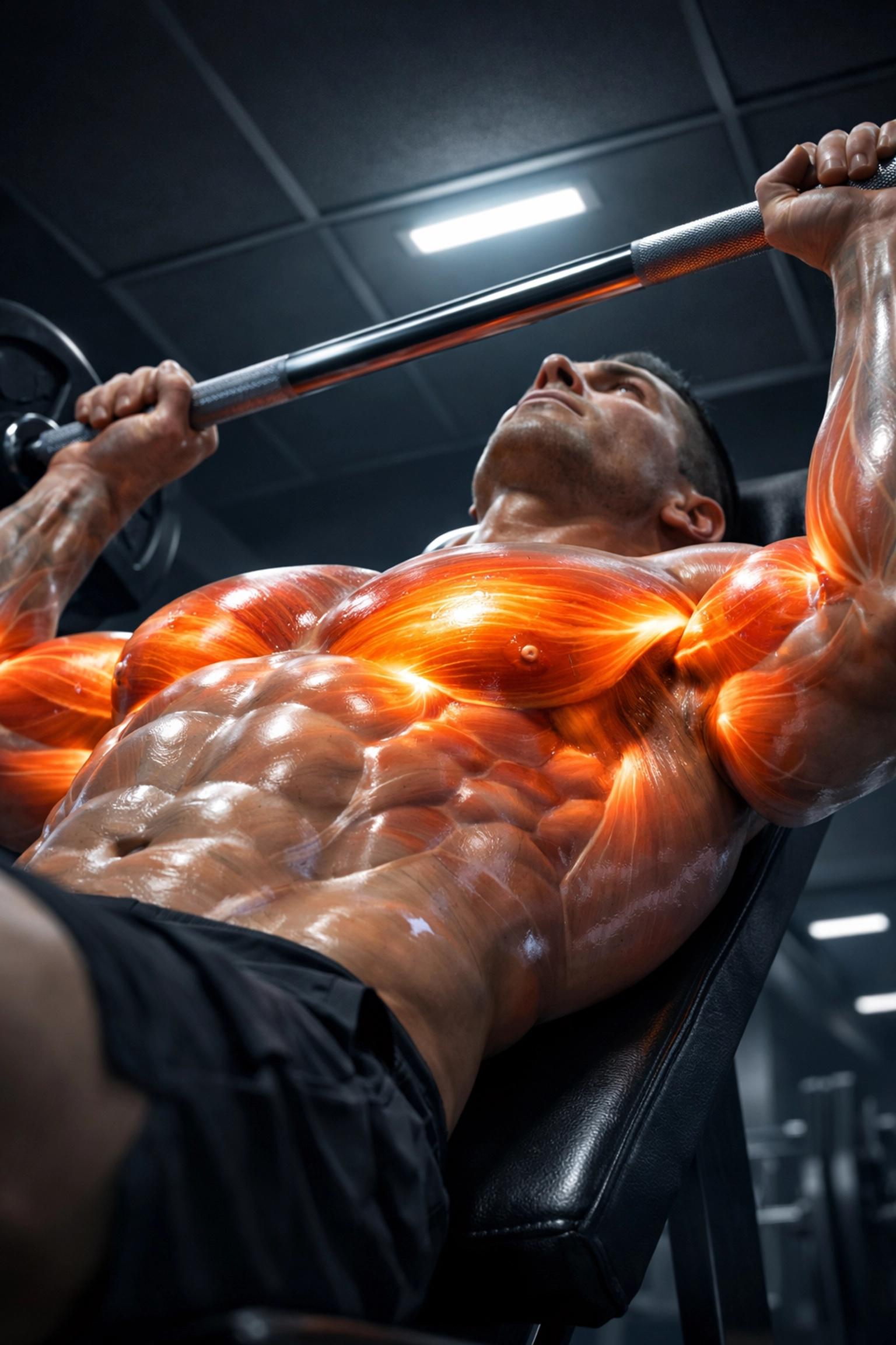 High-intensity muscle fiber activation during a chest press with proper resistance training form.