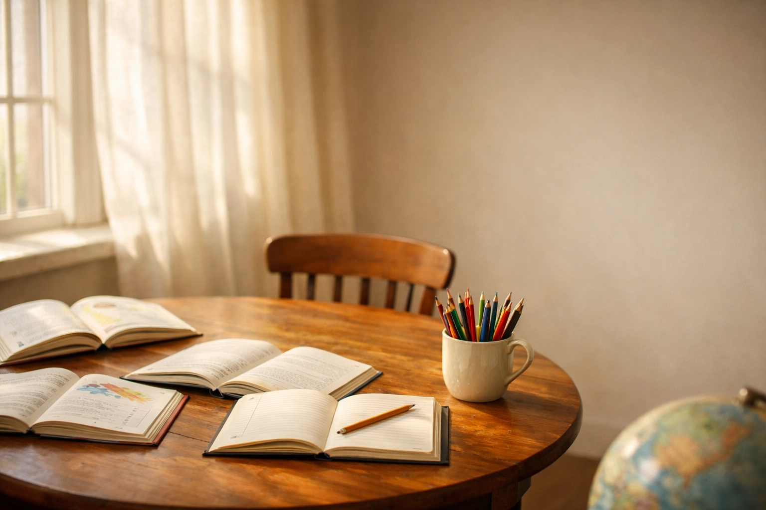 Cozy homeschool learning space with books and supplies on wooden table