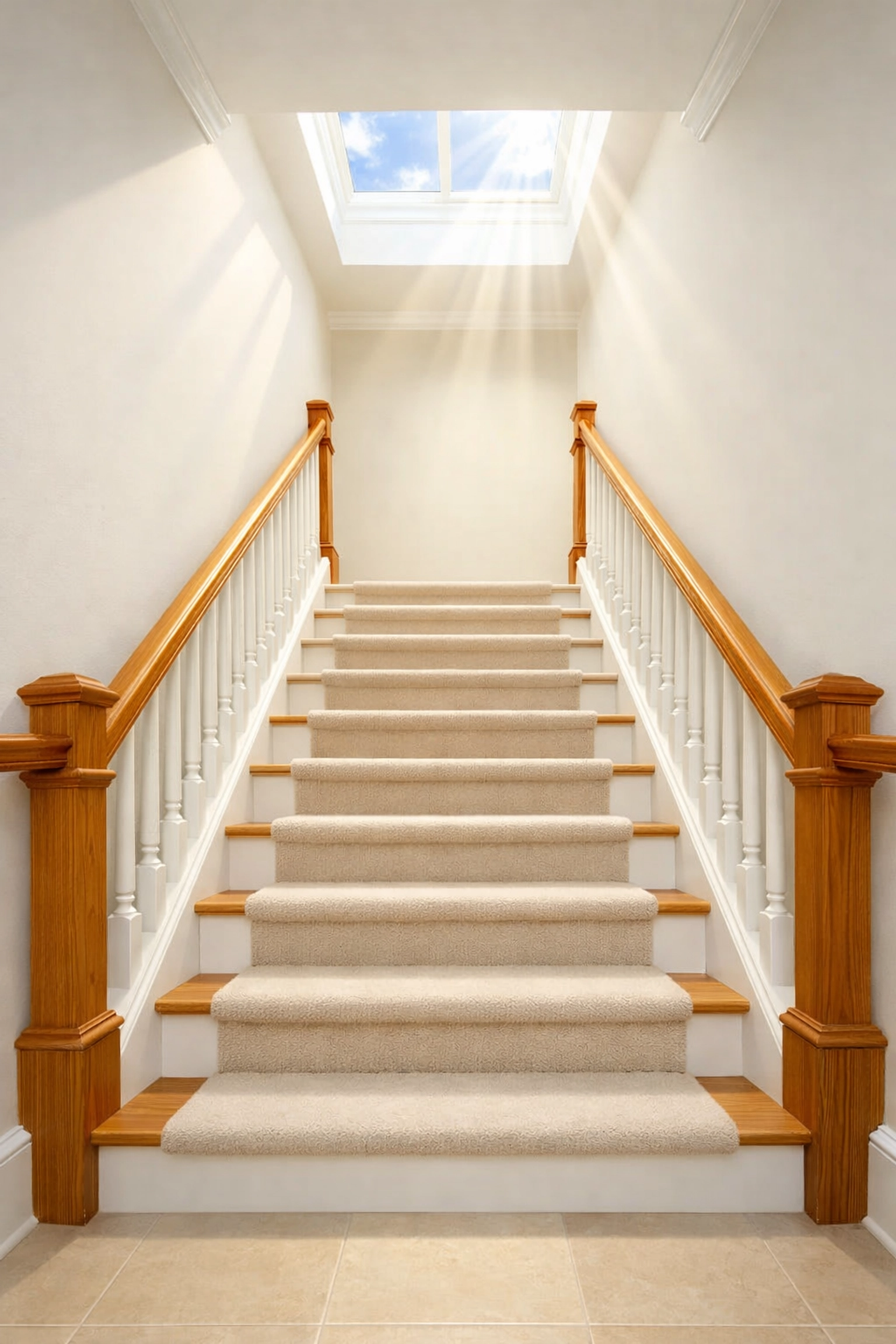 Residential staircase with matching handrails on both sides for maximum support and stability.